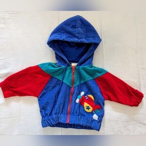 Vintage Color Block Baby Hooded Corduroy Jacket with Airplane Design 90s Retro